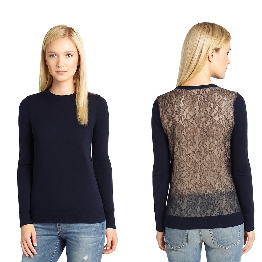 Equipment Pearl Lace Back Sweater Wool Silk Blend Navy Blue Women’s Sz Small